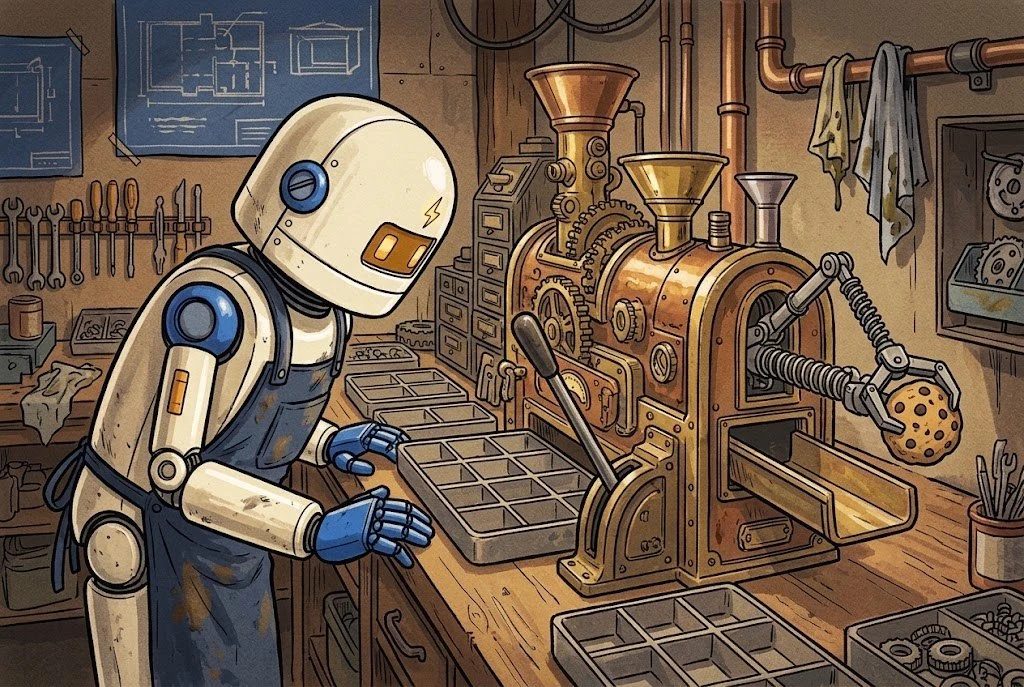 AI illustration by Gemini 3.8 Flash High: a workshop robot inspects a cookie-sorting machine while one cookie remains in its delivery gripper.